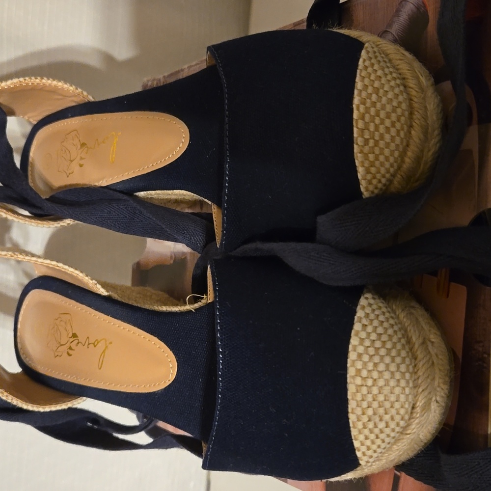 Navy Platform Closed Toe Espadrille Sandals Lace Up - Picture 6 of 6